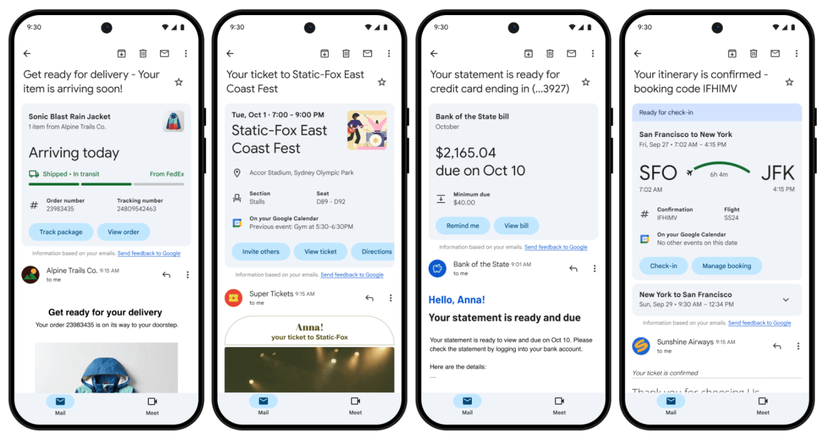 Os novos ‘cartões de resumo’ do Gmail ajudam você a realizar ações em seus e-mails, como rastrear pacotes e fazer check-in de voos