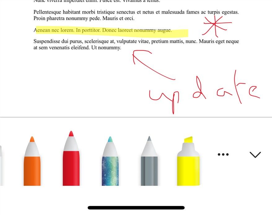 A ferramenta Inking no aplicativo Word para dispositivos móveis, com algumas anotações adicionadas a um documento existente.