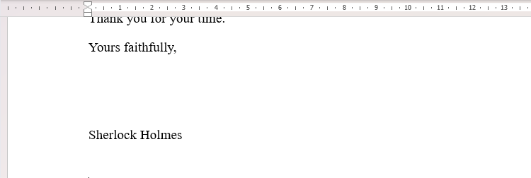 Uma carta no Microsoft Word contendo um espaço antes do nome do escritor onde será colocada a assinatura.