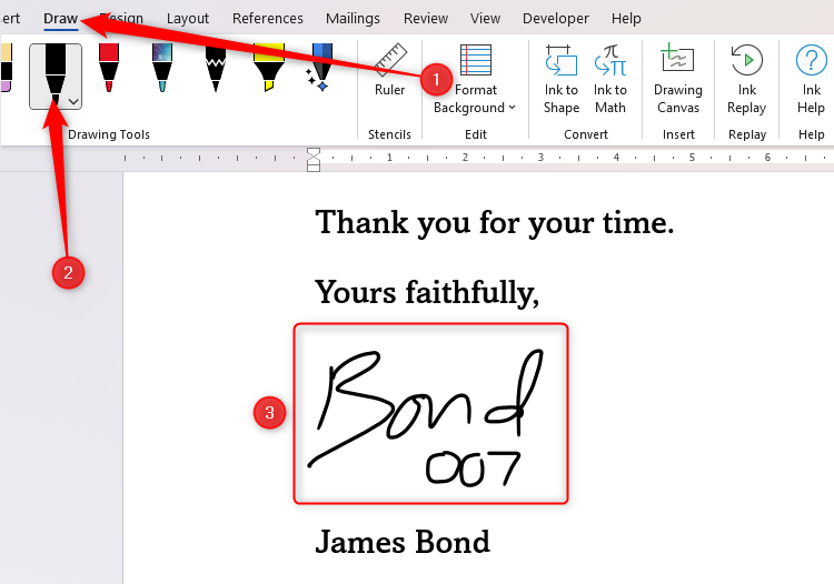 Um documento do Word contendo uma assinatura de James Bond, criado por meio da guia Desenhar na faixa de opções.