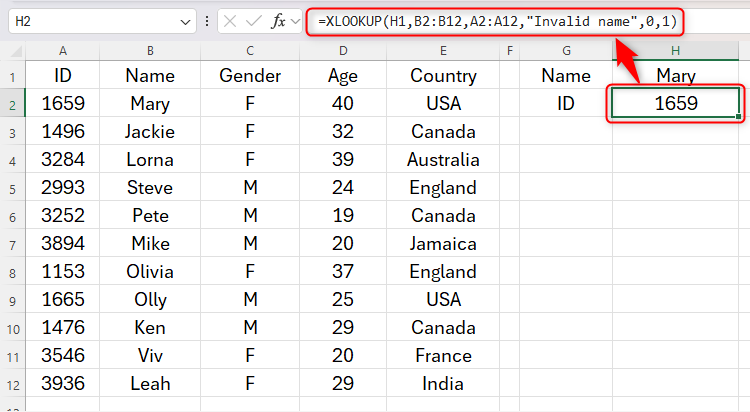 Um exemplo da função XLOOKUP sendo usada no Excel.