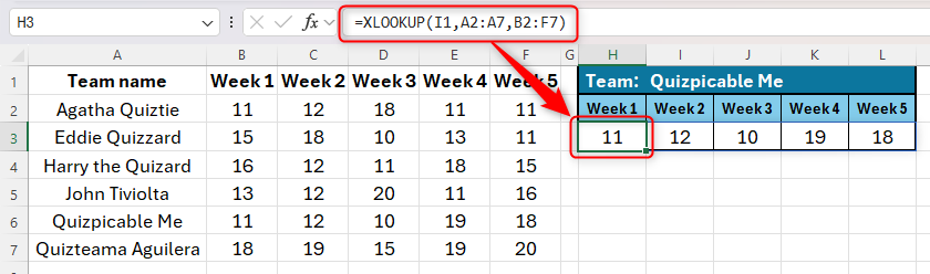 Uma planilha do Excel mostrando o uso da função XLOOKUP para criar uma matriz derramada