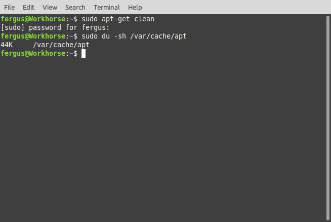 Imagem da saída do terminal ao limpar o cache do Ubuntu.