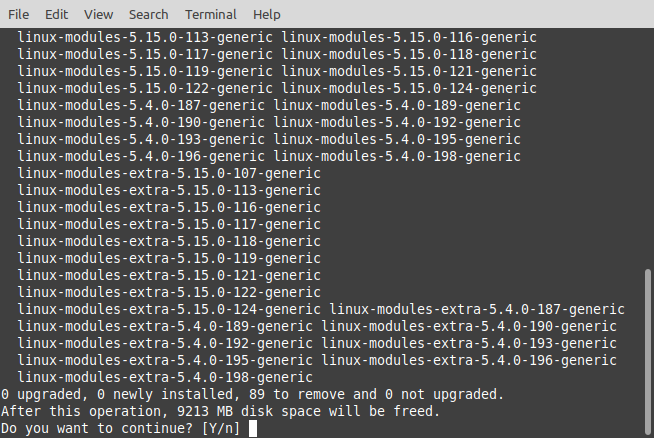 Imagem da saída do terminal ao usar autoremove no Ubuntu.