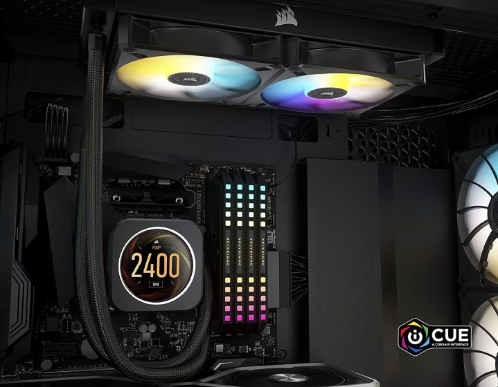 O cooler líquido Corsair iCUE H100i Elite LCD 240mm AiO instalado dentro de um PC.