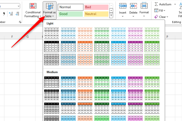 O menu suspenso Formatar como tabela no Microsoft Excel.