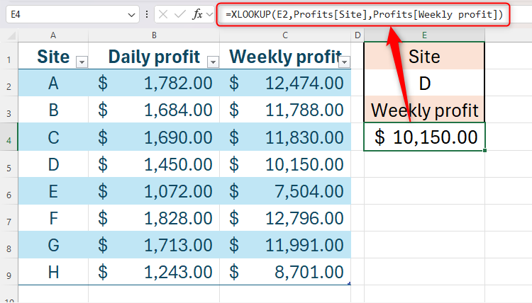 Uma fórmula XLOOKUP no Excel que usa referências estruturadas para recuperar dados de uma tabela formatada.