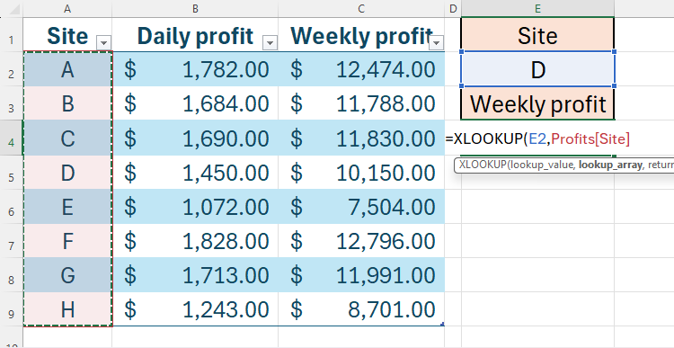 Uma fórmula XLOOKUP sendo criada no Excel para recuperar dados de uma tabela formatada do Excel.