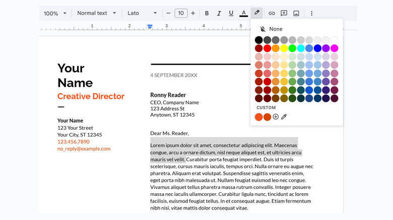 Caixa de seleção de cores de destaque do Google Docs