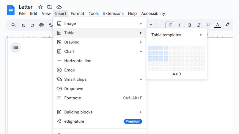 Menu de inserção de tabela do Google Docs