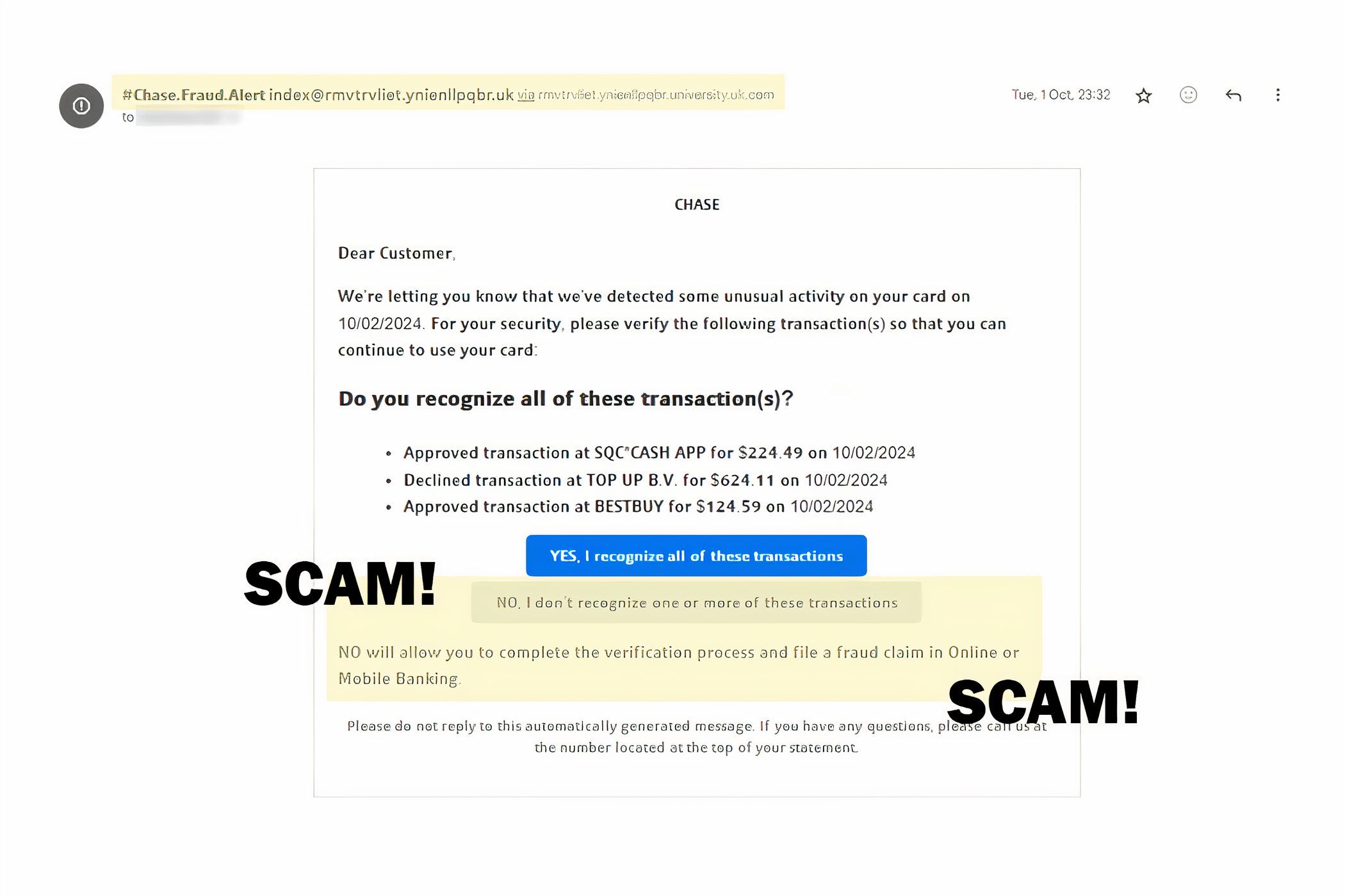 Captura de tela de um e-mail de phishing que parece ser do Chase Bank, destacando um endereço de e-mail falso.