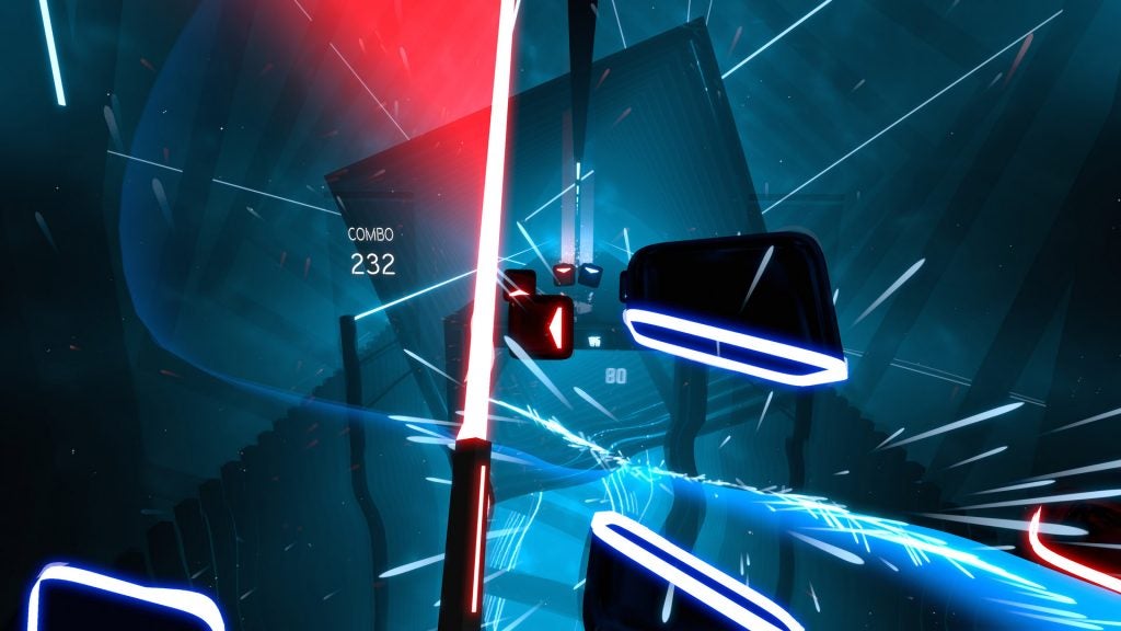 Captura de tela de um jogo VR chamado Beat Saber