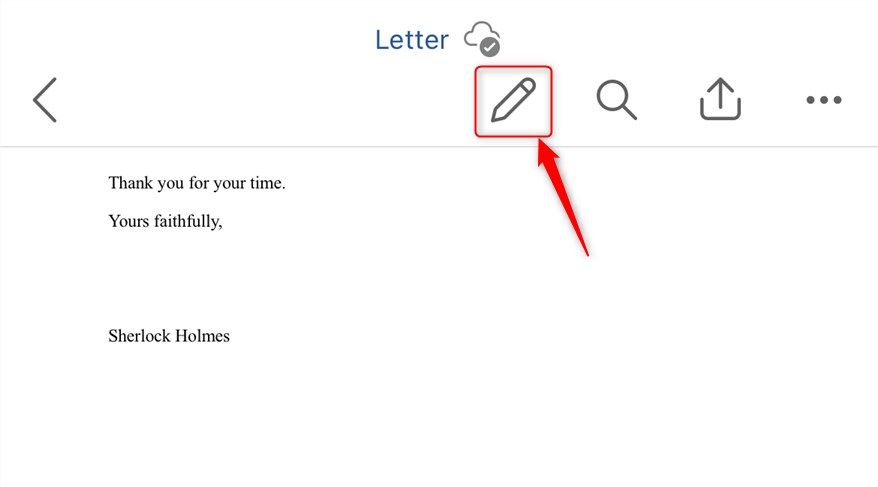 A caneta Editar no aplicativo móvel Microsoft Word.