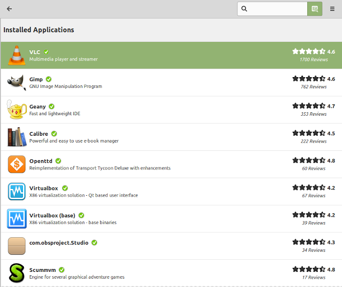 Imagem de uma lista de programas instalados no Linux Mint.