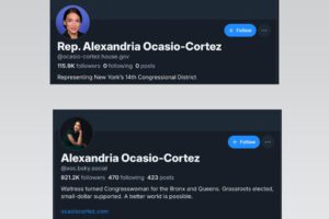 Duas capturas de tela das contas Bluesky da representante de Nova York, Alexandria Ocasio-Cortez.