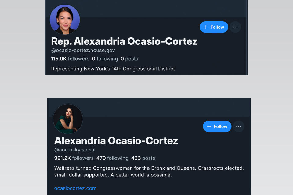 Duas capturas de tela das contas Bluesky da representante de Nova York, Alexandria Ocasio-Cortez. 