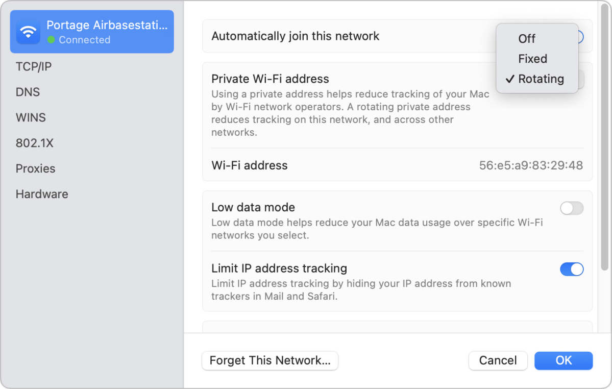 configurações de wifi privado do macOS