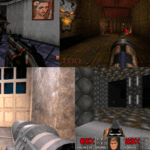 Uma colagem de atiradores boomer que consiste em Ion Fury, Quake, Duke Nukem 3D e Doom.