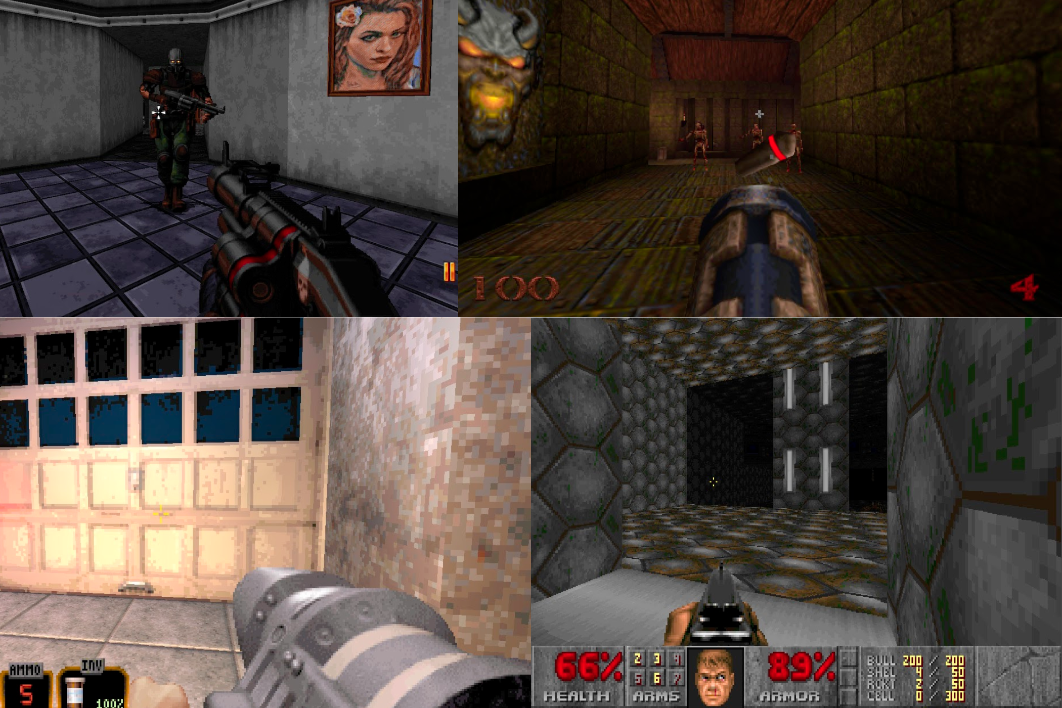 Uma colagem de atiradores boomer que consiste em Ion Fury, Quake, Duke Nukem 3D e Doom.