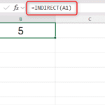 Uma planilha Excel com o texto D1 na célula A1 e um exemplo da função INDIRETA sendo utilizada para transformar esse texto em referência.