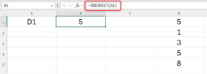 Uma planilha Excel com o texto D1 na célula A1 e um exemplo da função INDIRETA sendo utilizada para transformar esse texto em referência.