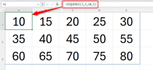 Um exemplo da função SEQUÊNCIA no Excel começando em 10, com os números aumentando cinco a cada vez e tendo cinco colunas na largura e três linhas abaixo.