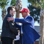 Donald Trump greets Elon Musk at a test flight of the SpaceX Starship rocket on November 19, 2024 in Brownsville, Texas.