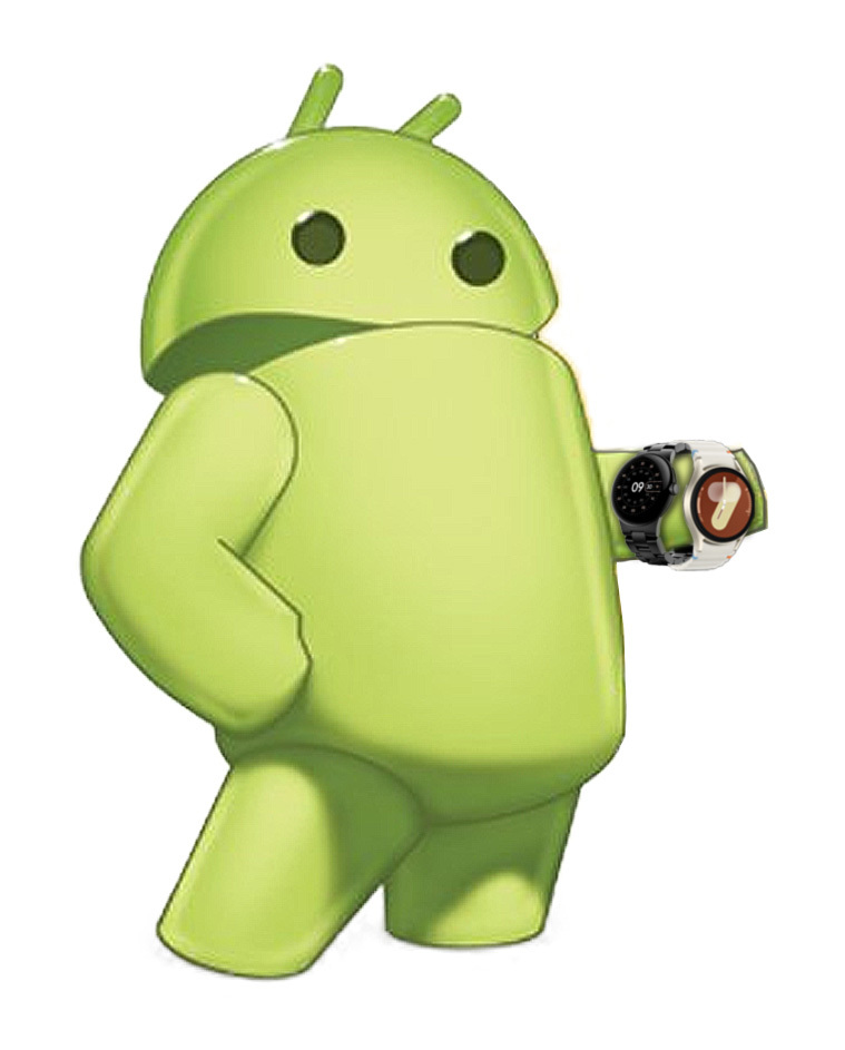 Mascote do Android Central Lloyd usando um Galaxy Watch e Pixel Watch