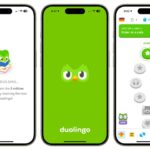 Capturas de tela mostrando o aplicativo Duolingo para iPhone.