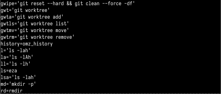 Captura de tela de aliases no bookworm Debian 12 executando oh-my-zsh.