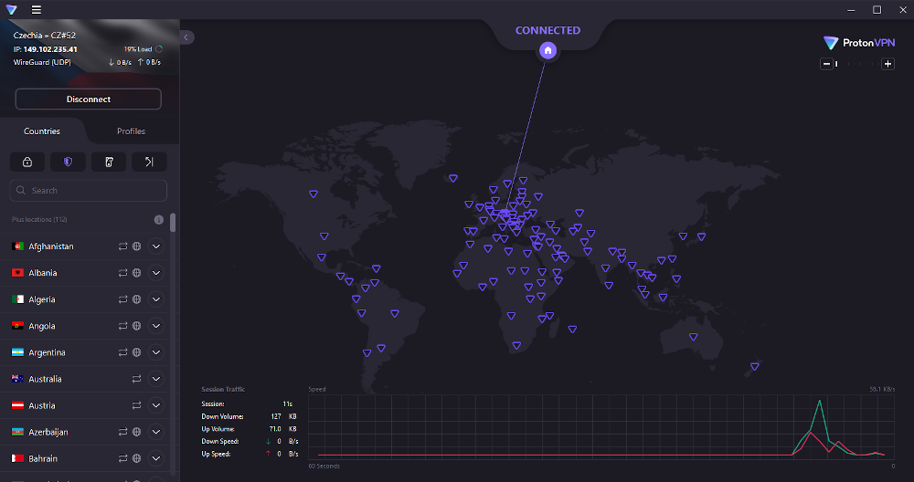 A interface principal do Proton VPN.