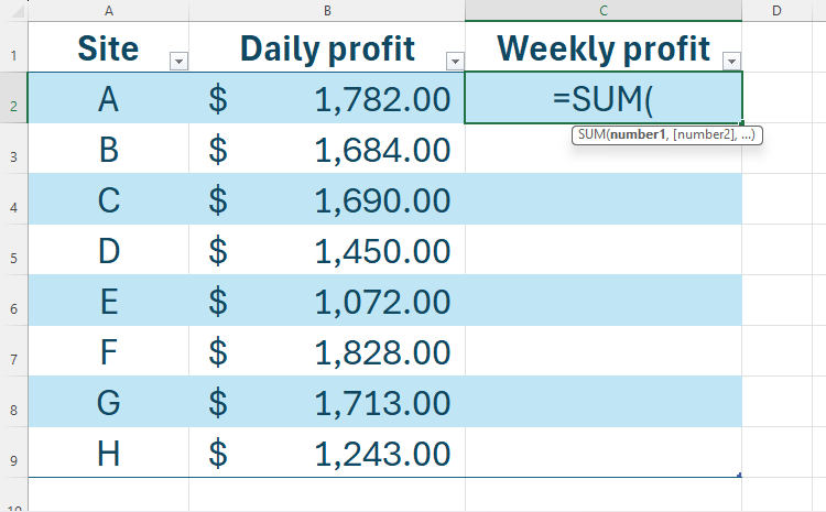 Uma tabela do Excel contendo uma célula que contém =SUM( digitado, pronta para iniciar uma referência estruturada.