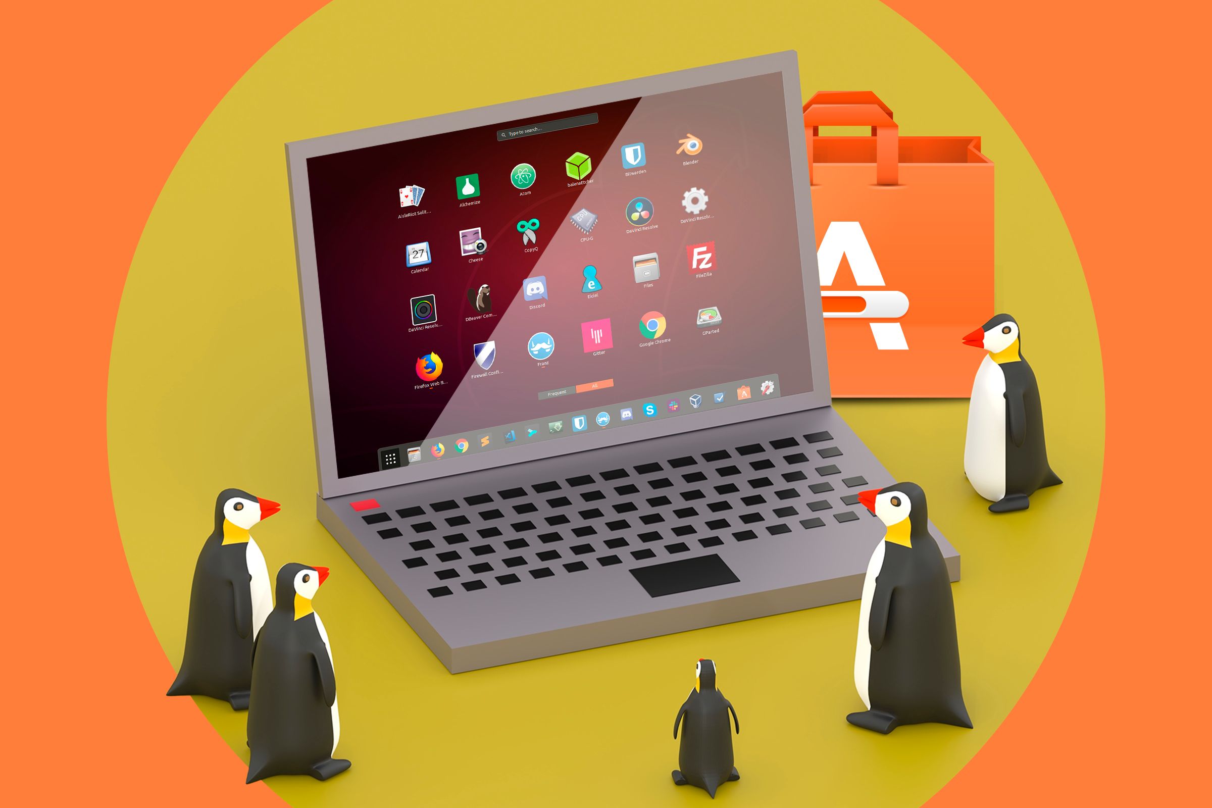 Ilustração de um laptop com aplicativos Linux e alguns pinguins olhando para a tela.