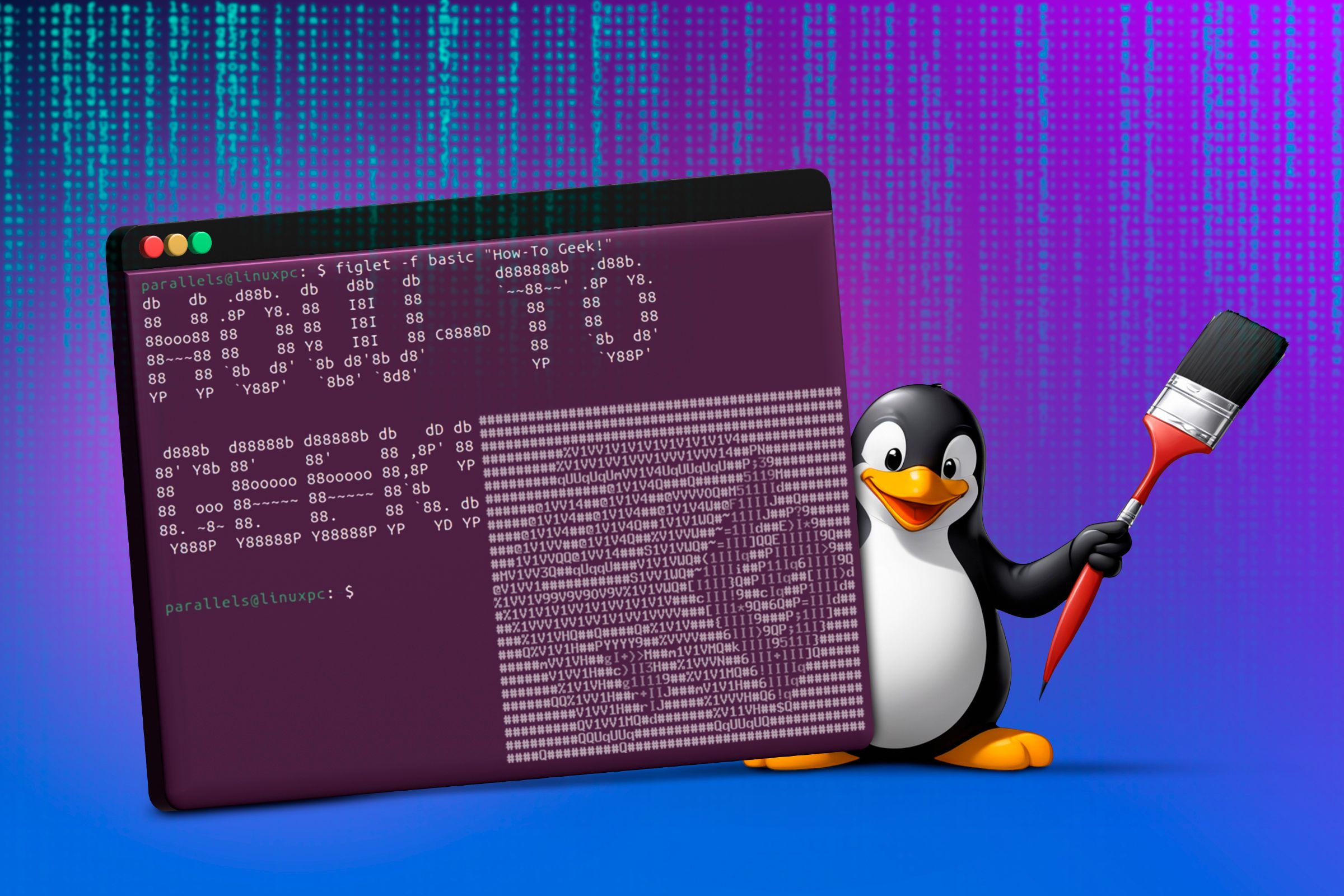 Um terminal Linux com Tux segurando um pincel atrás dele.