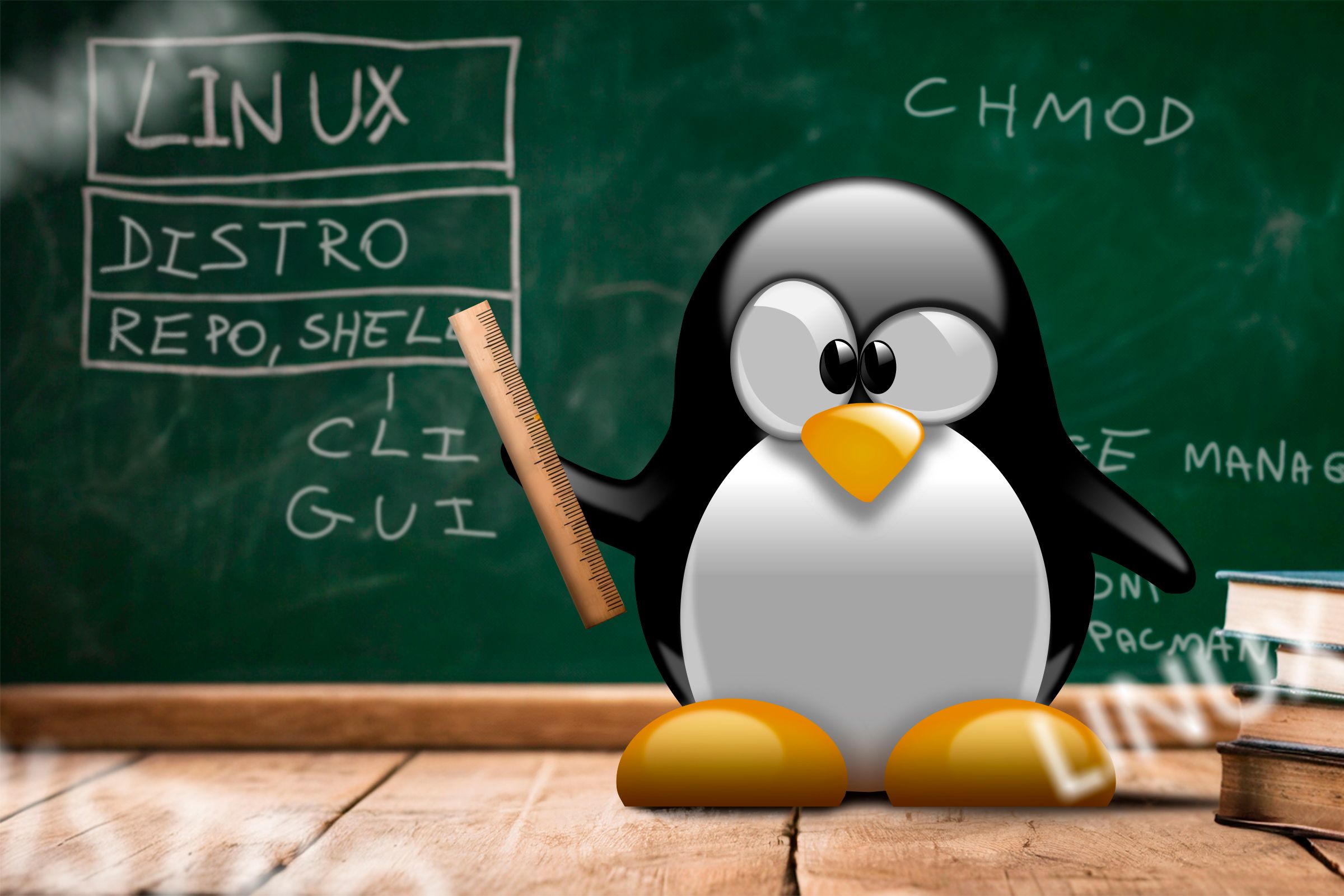 Mascote do Linux em frente a um quadro negro ensinando alguns termos do Linux.