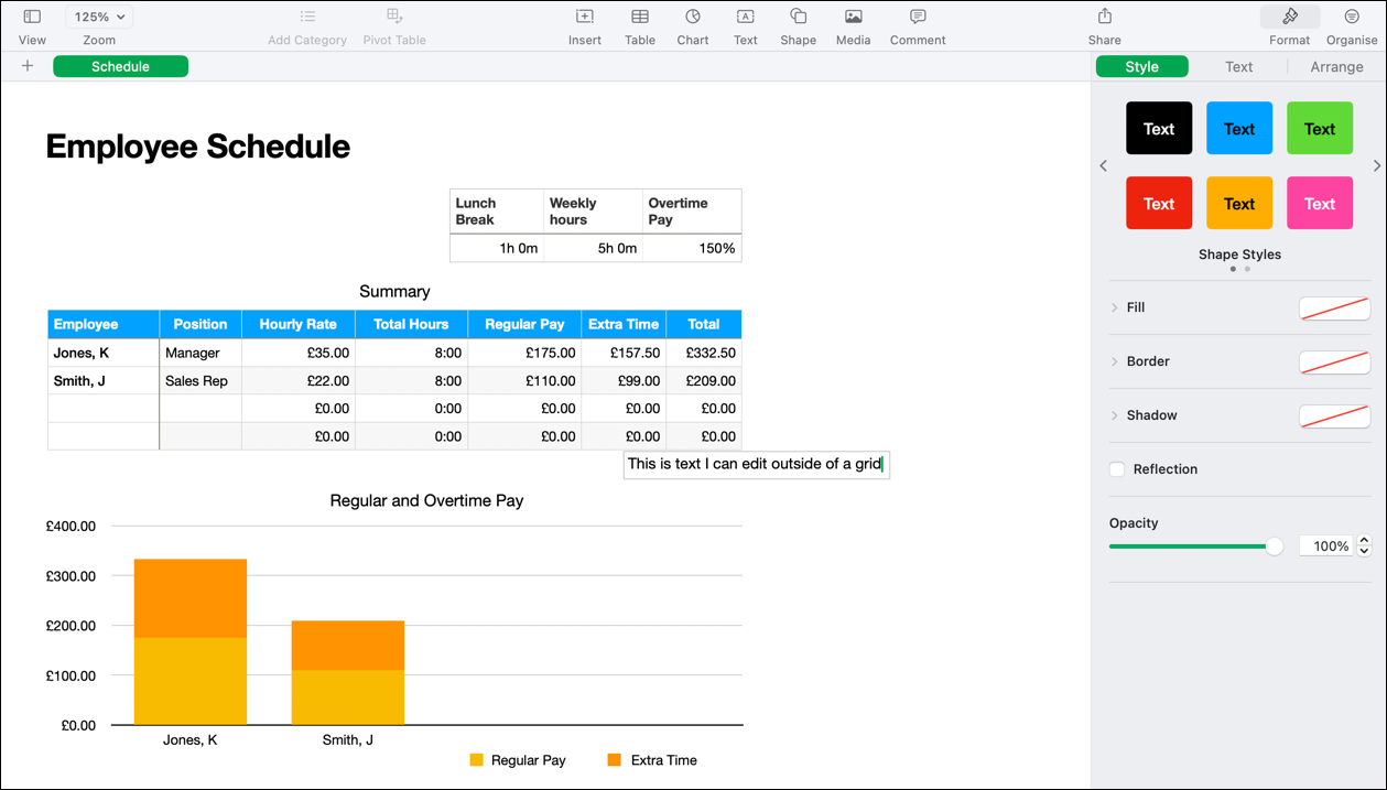 A tela de uma planilha do Apple Numbers, mostrando que ela é menos rígida que a abordagem de célula usada pelo Excel.