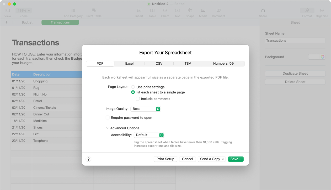 Exportando uma planilha do Apple Numbers para um PDF.