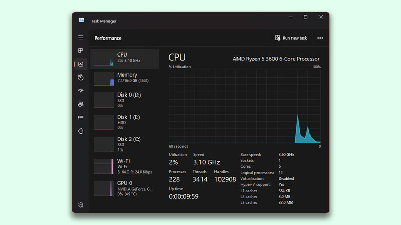 Gerenciador de tarefas exibindo a contagem de núcleos da CPU no Windows