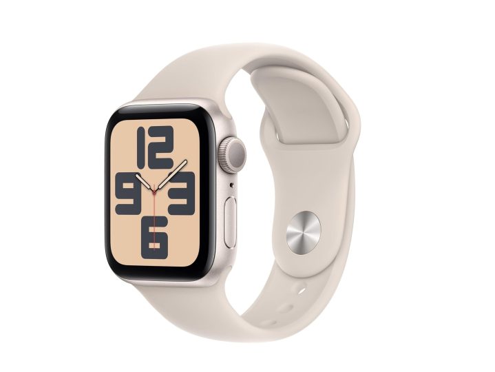 Um Apple Watch SE 2 de 40 mm com pulseira esportiva Starlight.