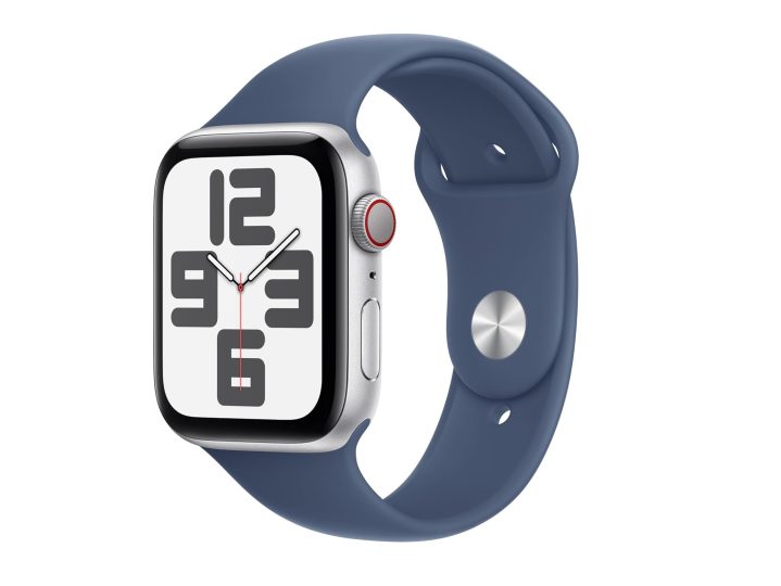 O Apple Watch SE 2 com caixa de alumínio e pulseira esportiva jeans.