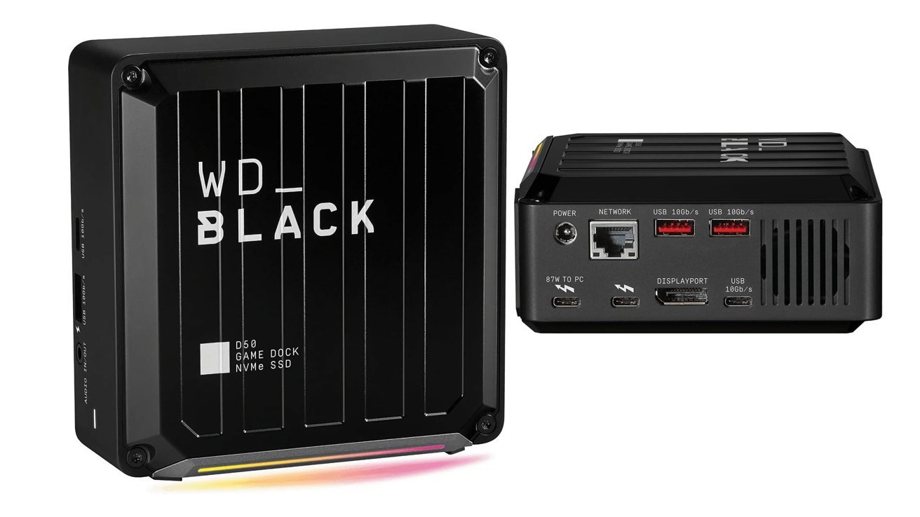 SSD externo preto com várias portas, incluindo Ethernet, USB e DisplayPort, rotulado como WD_BLACK' e D50 GAME DOCK NVMe SSD'.