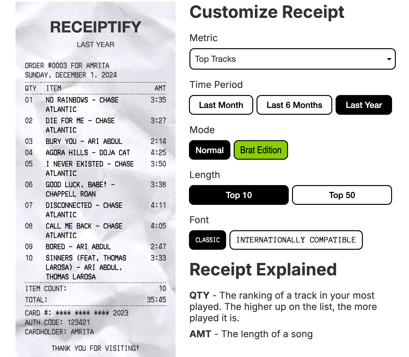 Gerando um recibo no Receiptify para estatísticas do Spotify.