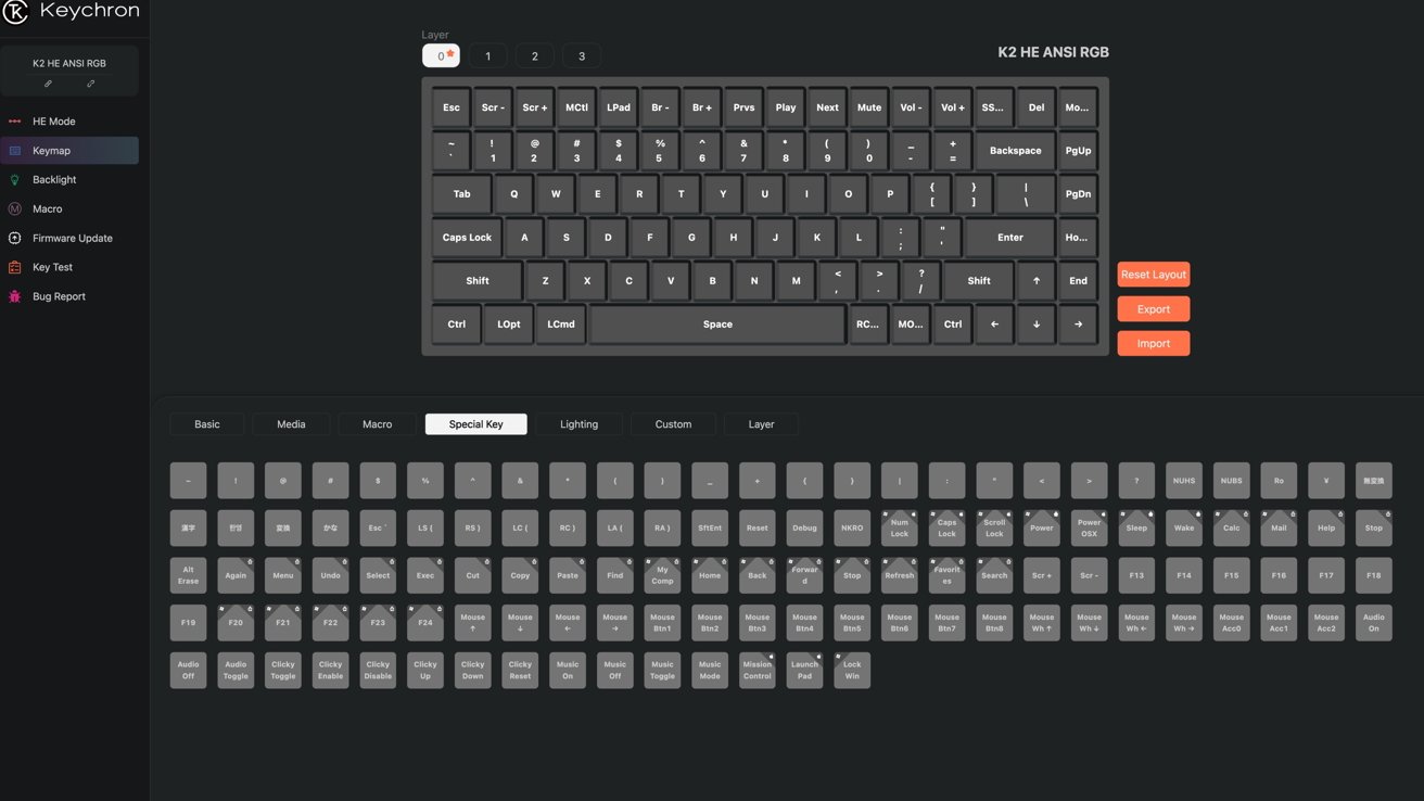 Visualização do layout do teclado com funções de teclas personalizáveis, opções de teclas especiais exibidas abaixo e botões de redefinição, exportação e importação no lado direito.