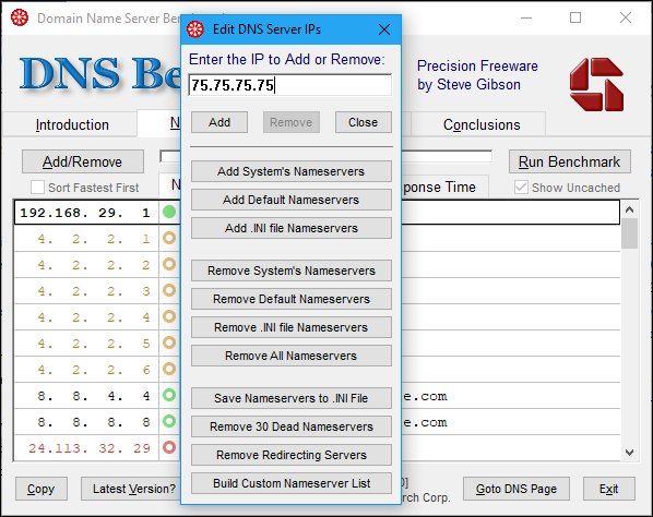 Inserindo um servidor DNS no DNS Benchmark.