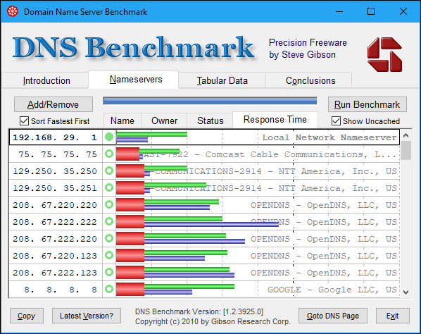 Resultados do DNS Benchmark com um servidor DNS do cliente adicionado.