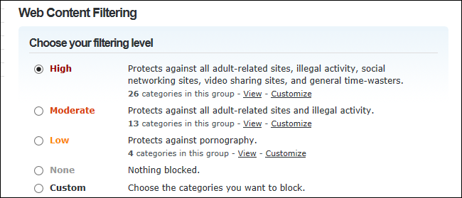 Configurações de filtragem de conteúdo da Web no OpenDNS Home.