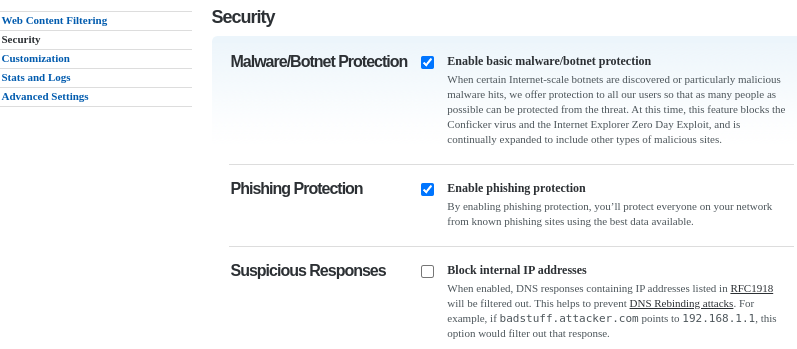 Configurações de segurança do OpenDNS com suas explicações.