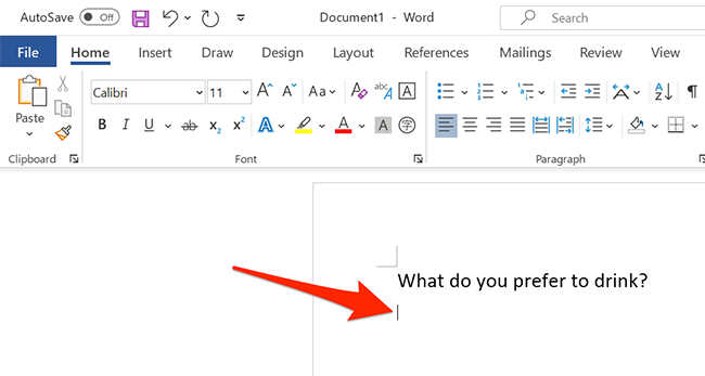 O cursor de texto em um documento do Word.