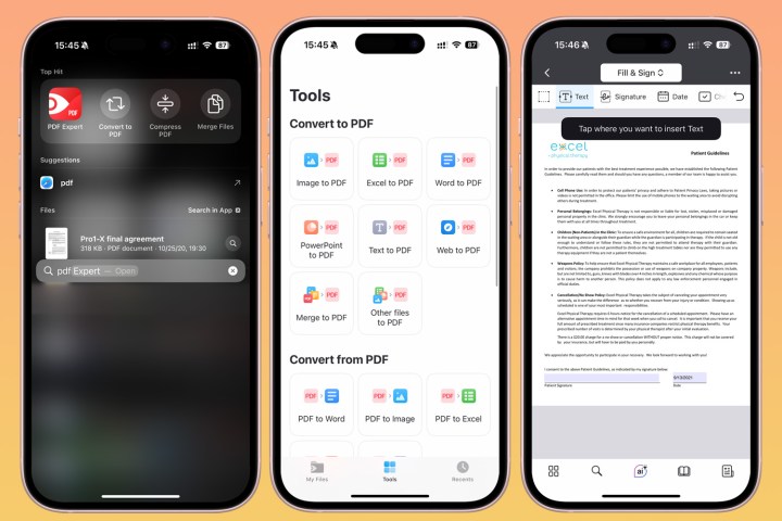 Três capturas de tela do aplicativo PDF Expert no iPhone