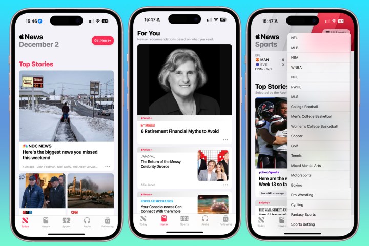 Três capturas de tela do aplicativo Apple News no iPhone